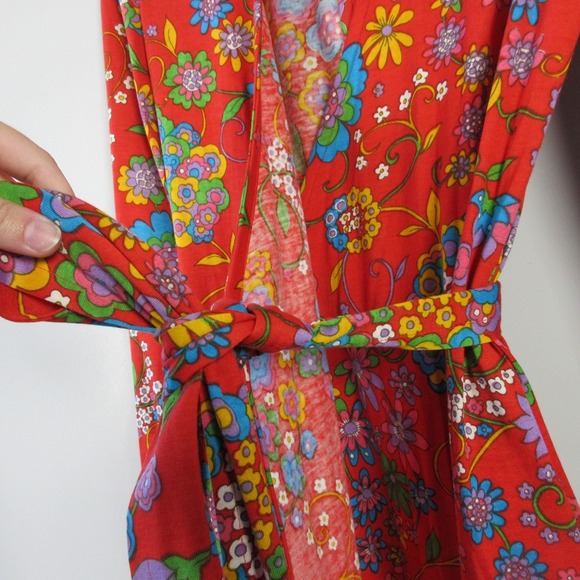 Mollie Parnis At Home Wrap Maxi Dress Day True Vintage Red Floral 70s Retro 612 - Picture 3 of 11